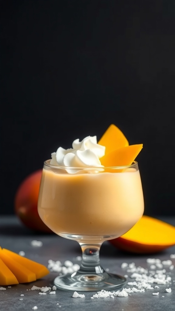 A glass of mango mousse topped with coconut whipped cream and mango slices, with mango pieces and coconut flakes around it.