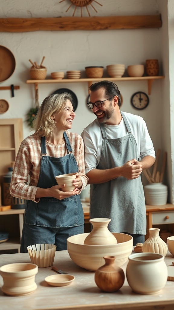 A couple smiling and working on pottery in a studio.
