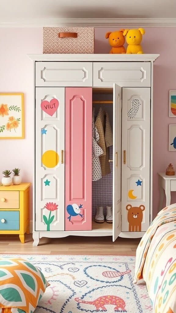 Colorful wardrobe with artistic designs and playful motifs in a bedroom setting.