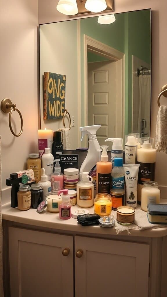 A cluttered bathroom counter filled with various scented products and candles.