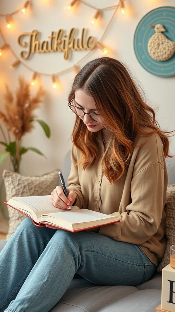 A woman writing in a journal in a cozy setting with warm lights.