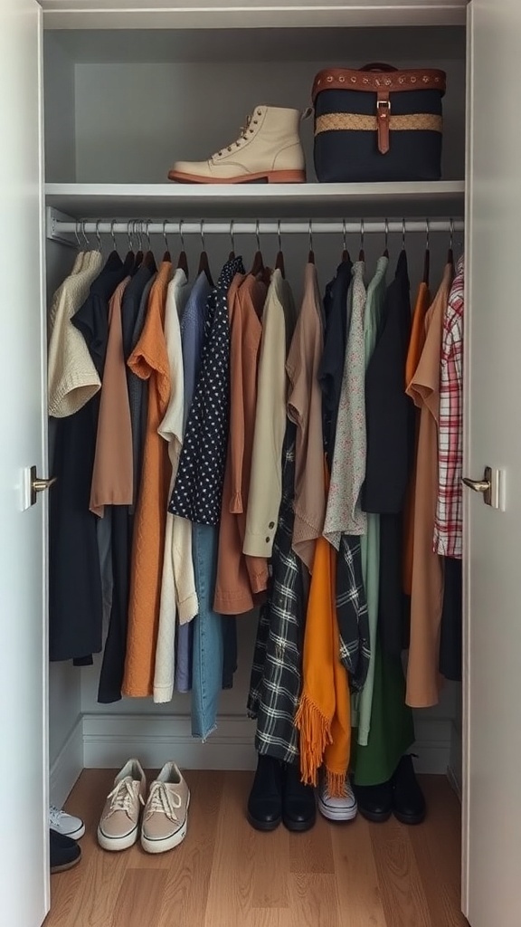 A closet with a variety of clothing items hanging neatly, showcasing different styles and colors.