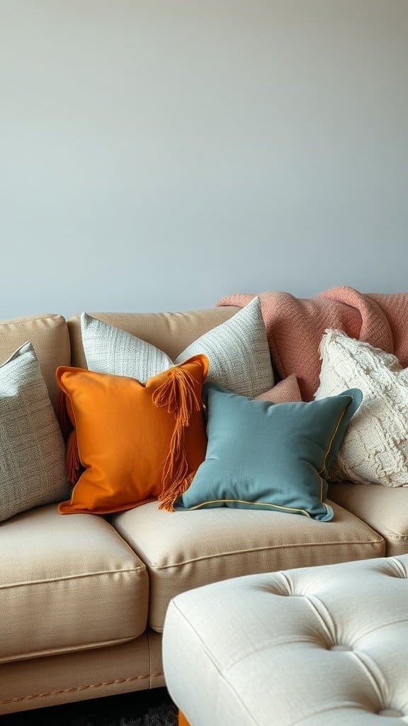 A cozy couch with decorative pillows in various colors and textures.