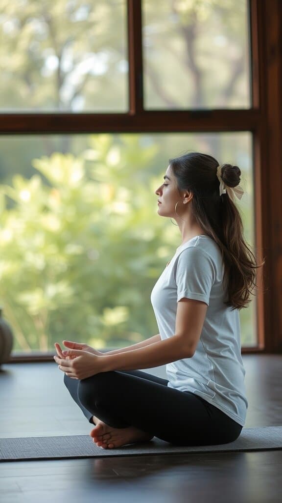 A woman meditating in a lush green forest, promoting a positive mindset.
