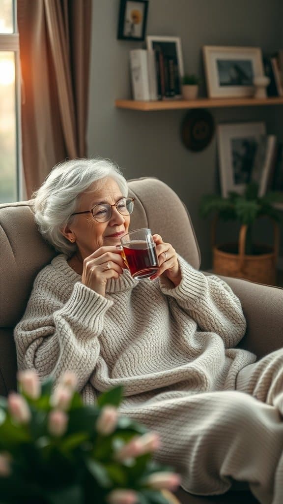 A woman in an oversized sweater enjoying tea in a cozy living room