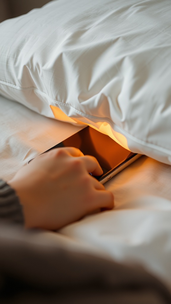 A hand holding a phone under a pillow, suggesting secrecy.