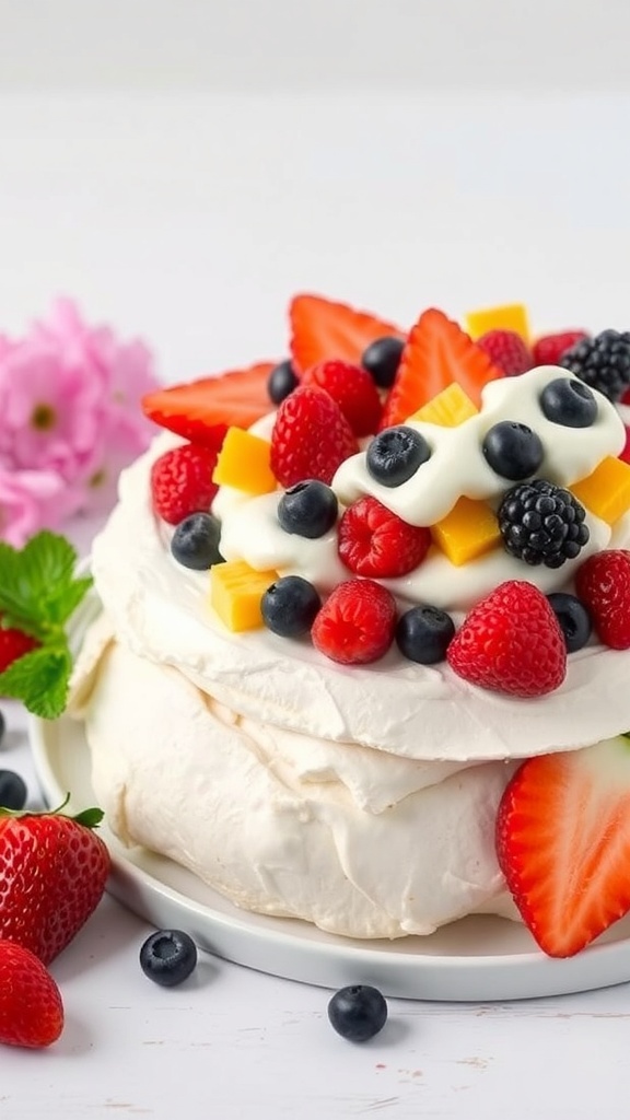 A colorful pavlova topped with fresh fruits like strawberries, blueberries, raspberries, and mango.