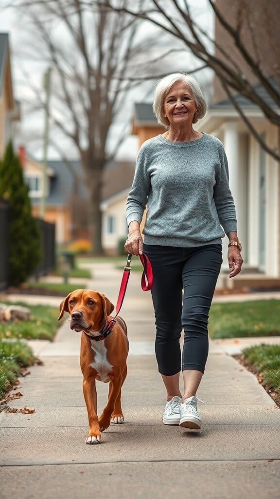 A woman over 50 walking her dog in capris and sneakers, exuding sporty chic style.