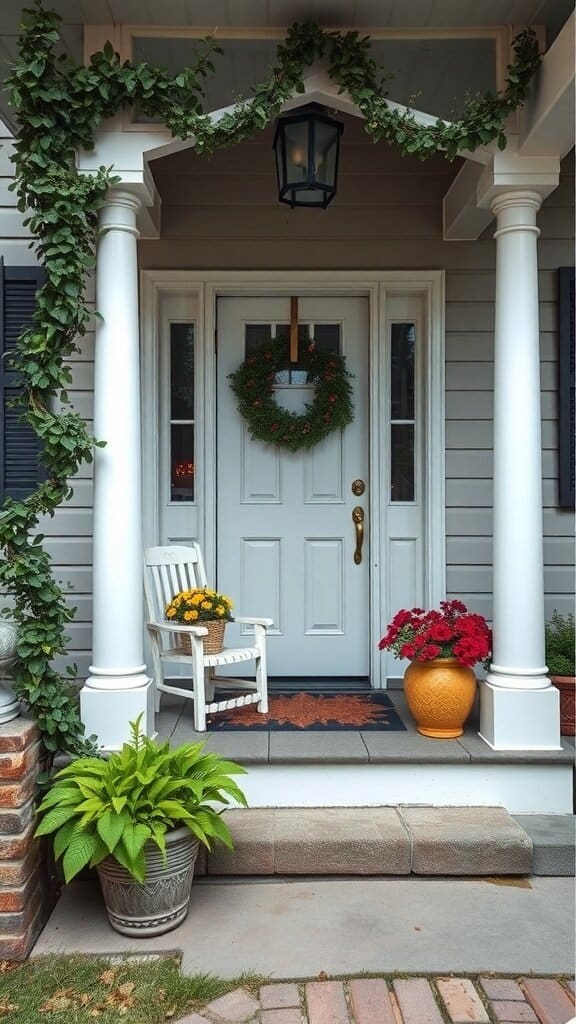 A cozy front porch with a wreath, potted plants, and a chair.
