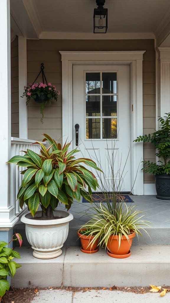 A front porch with various potted plants, some looking unkempt and needing care.