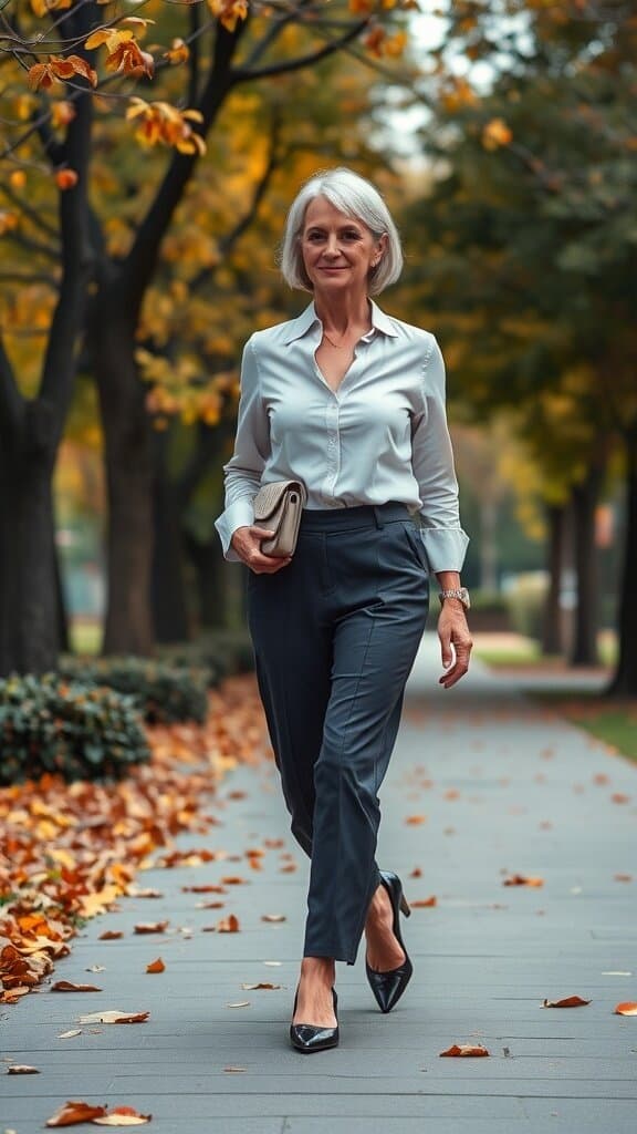 A stylish older woman walking in high-waisted trousers and a button-up shirt, showcasing a flattering silhouette.