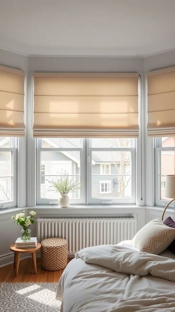 A cozy bedroom with light-colored Roman shades on the windows, a small table with a plant, and a comfortable bed.