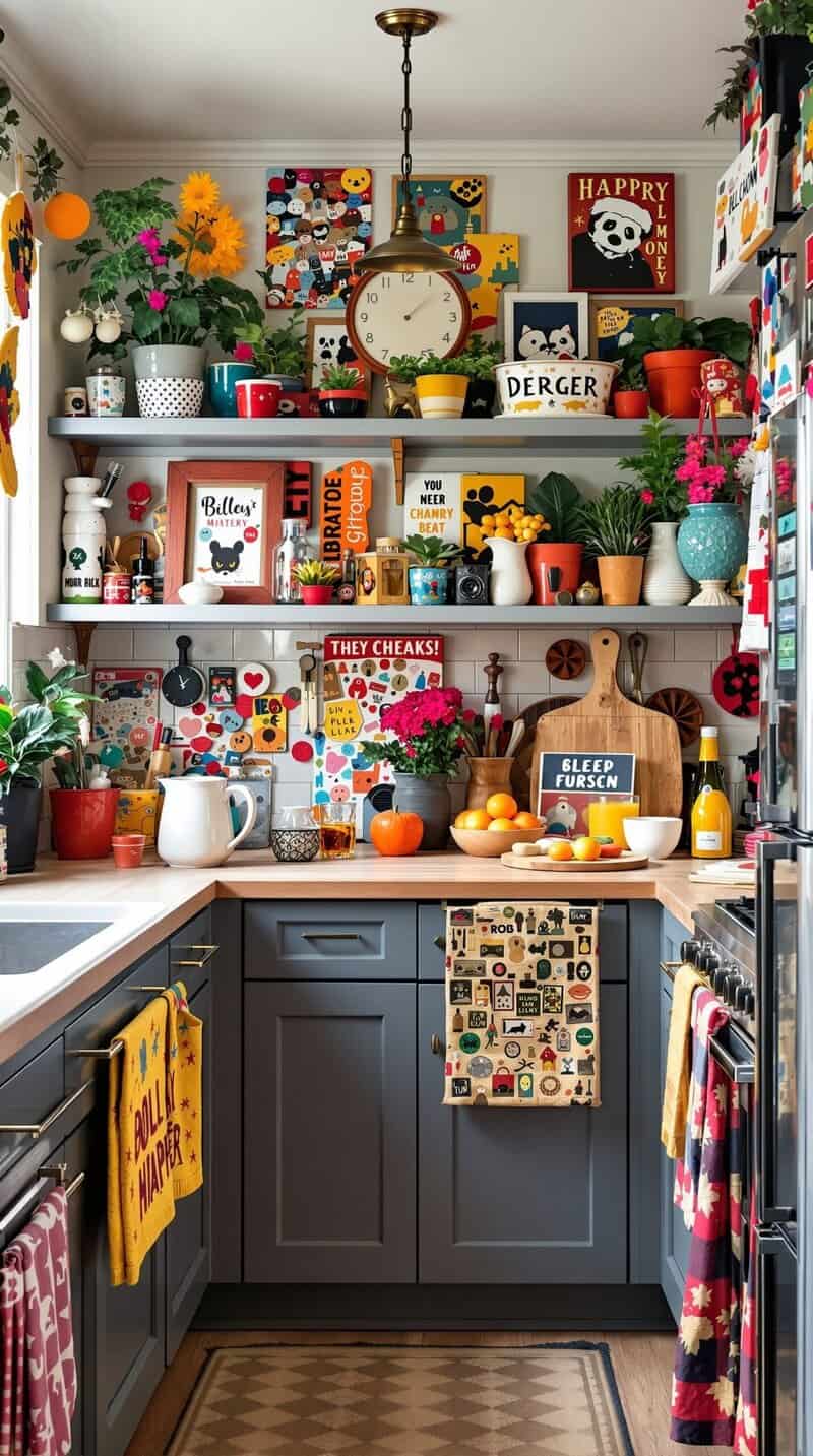 A colorful kitchen filled with themed decorations and plants.