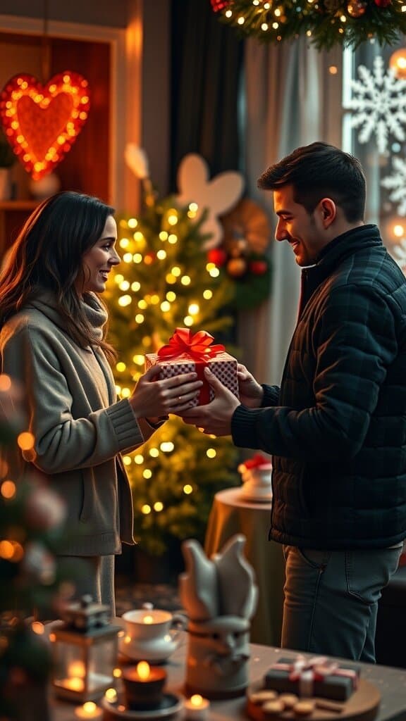 A couple exchanging a gift in a cozy, warmly lit room decorated for the holidays.