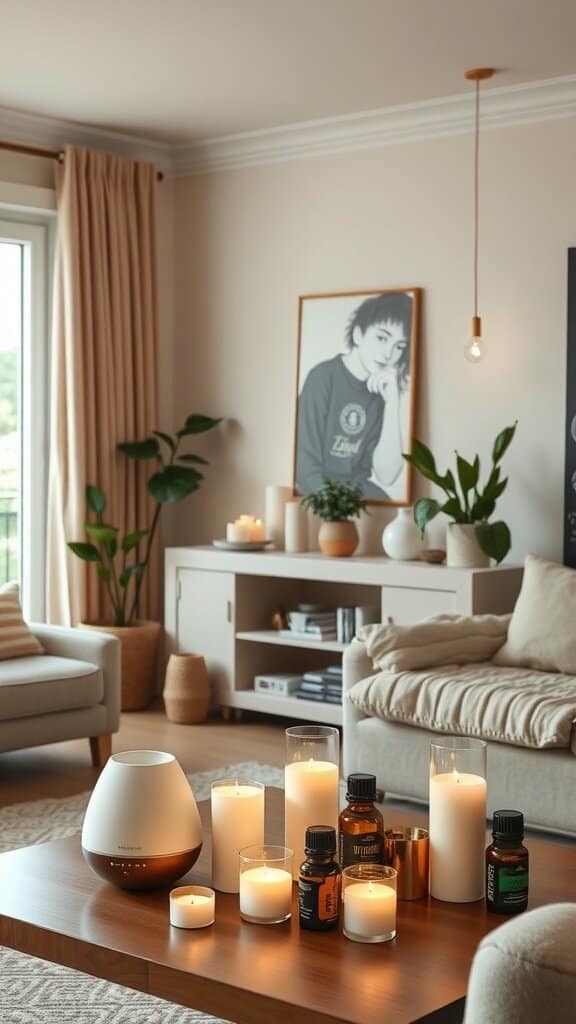 A cozy living room with a diffuser, candles, and plants, creating a relaxing atmosphere.