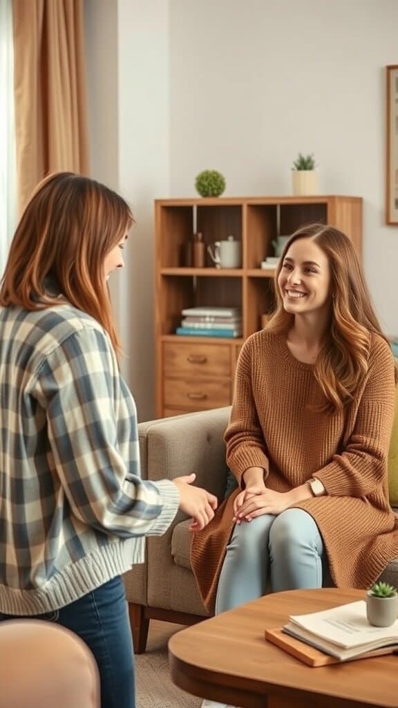 Two women having a friendly conversation, one sitting on a couch and the other standing, both smiling.