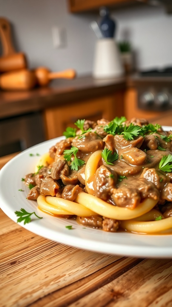 A plate of Beef Stroganoff Casserole with noodles and parsley garnish.