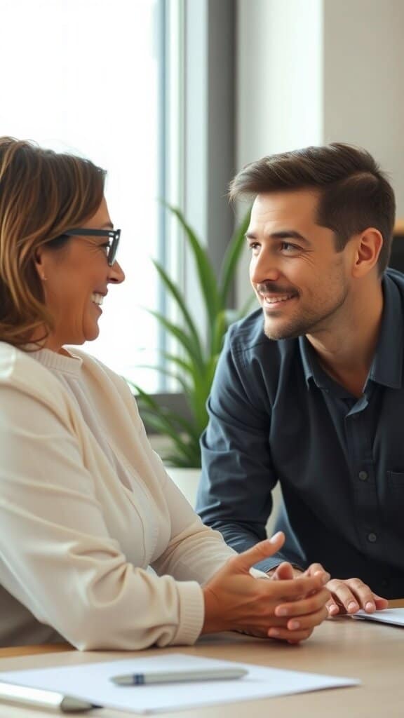 A man and woman sharing a warm moment, showing connection and trust.