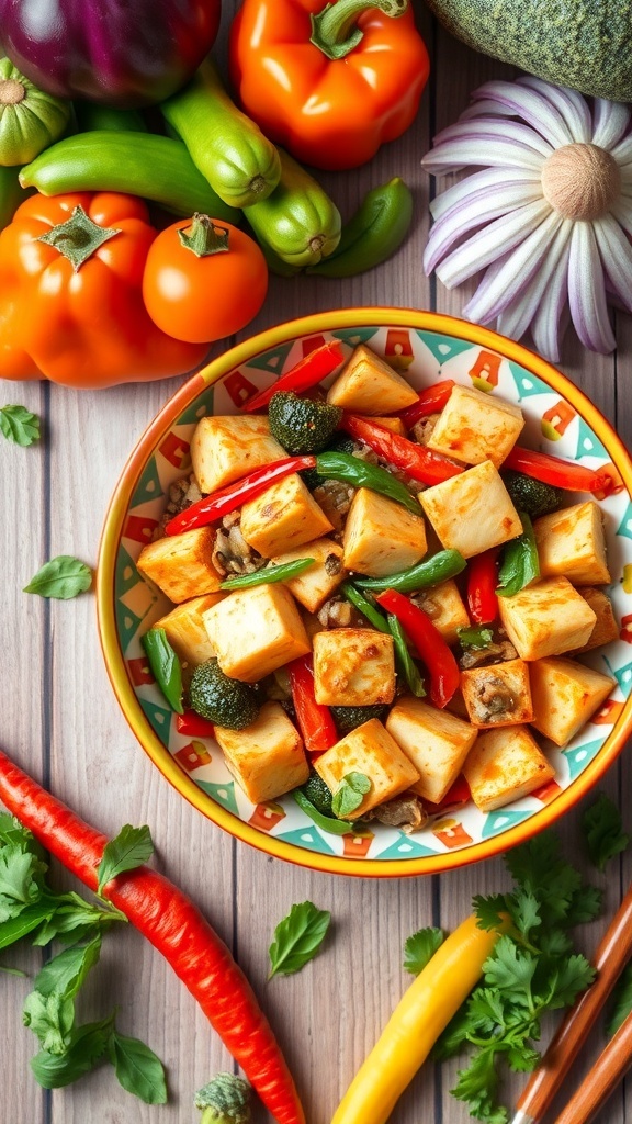 A vibrant bowl of vegetable stir-fry with tofu, featuring colorful bell peppers, zucchini, and fresh herbs.