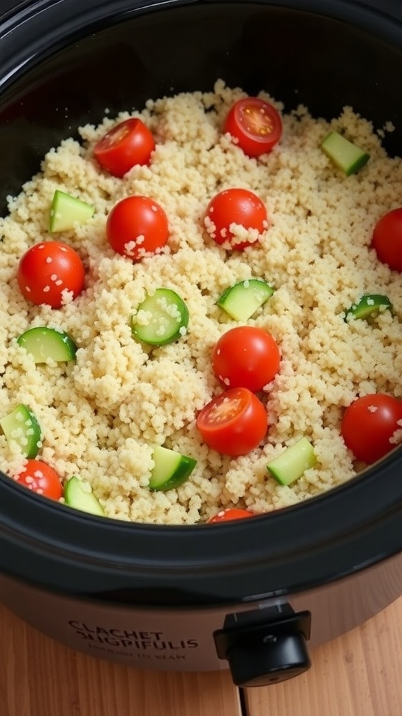 A slow cooker filled with unseasoned quinoa, cherry tomatoes, and cucumber slices.