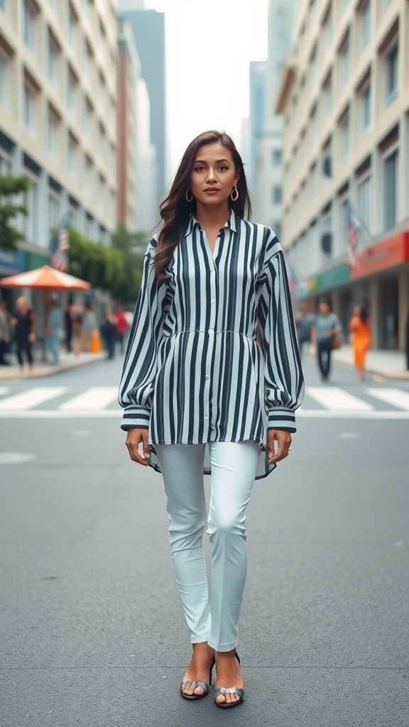 A woman in a vertical striped shirt and white pants walking confidently down a city street.