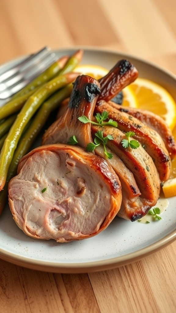 A plate of rubbery pork chops with fries