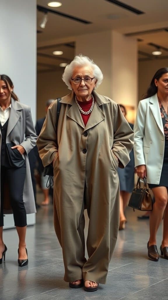 An older woman wearing an oversized outfit, walking confidently among other women in a fashion setting.