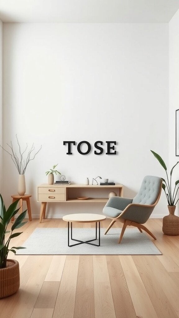 A minimalist living room featuring a light wood floor, a soft blue chair, a small round table, and potted plants.