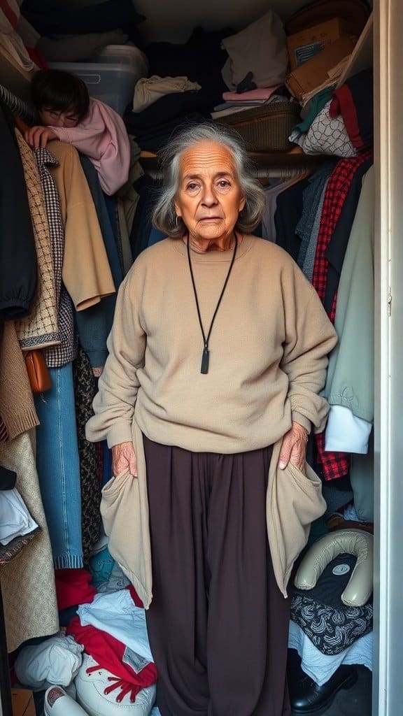 An older woman wearing baggy clothing in a cluttered closet.