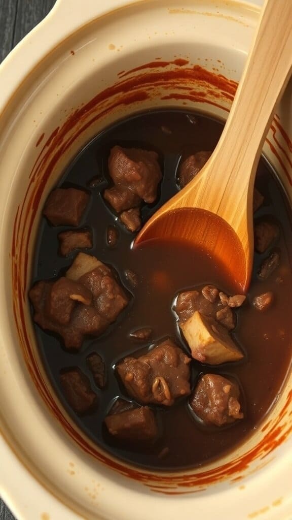 A hearty meat stew in a crockpot with chunks of meat and vegetables.