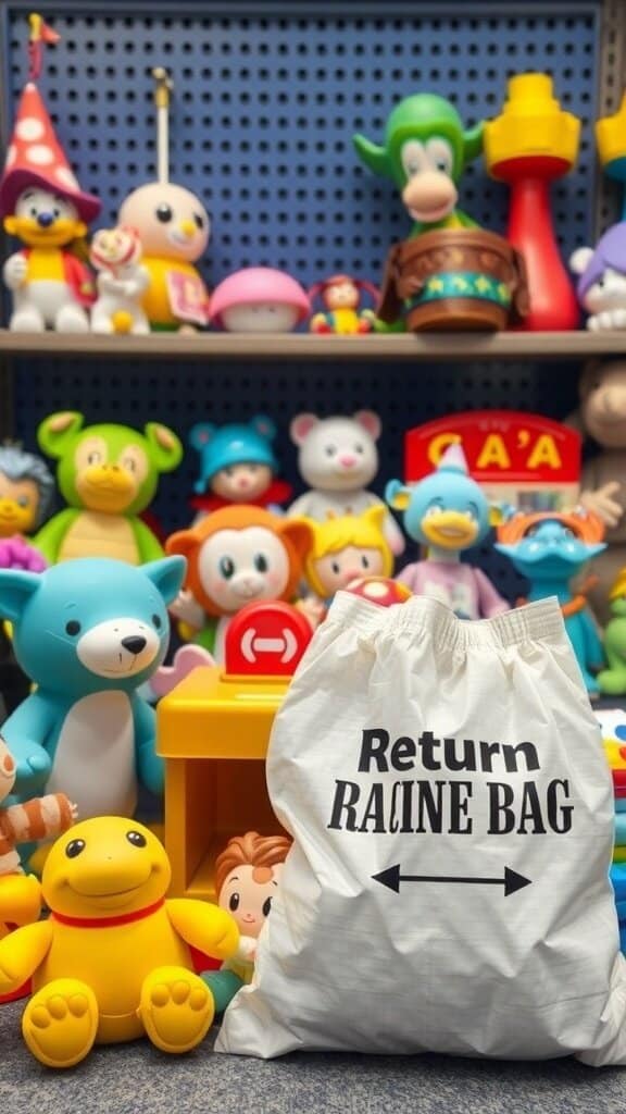 A collection of colorful toys with a bag labeled 'Return' in the foreground.