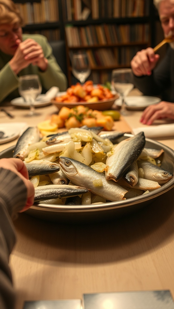 A table set with pickled herring and other dishes, showcasing a cultural meal.
