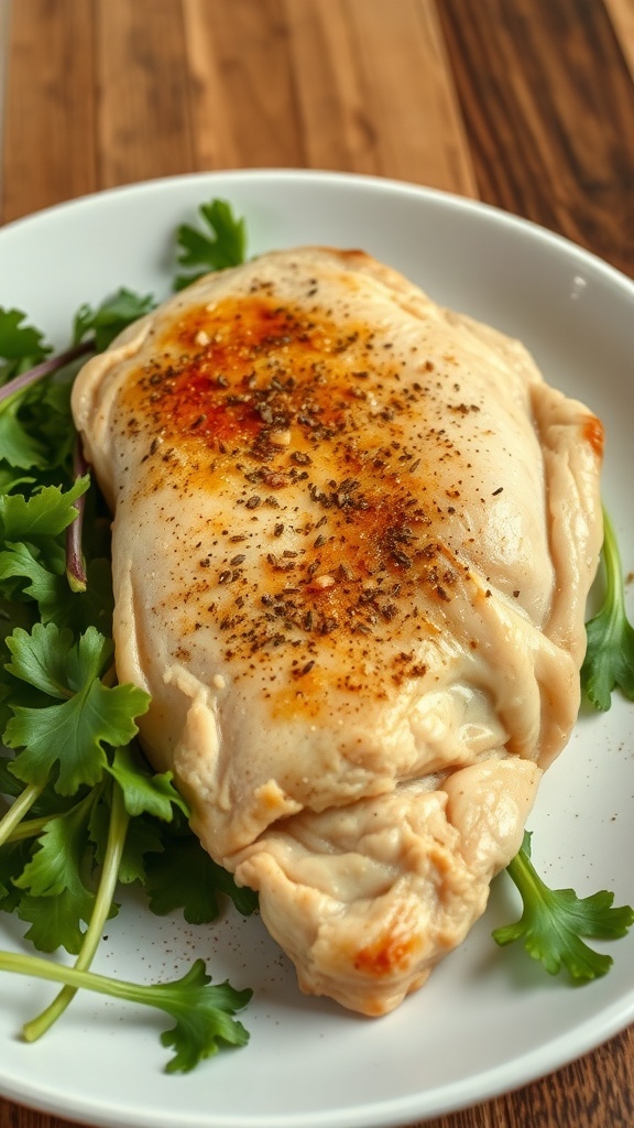 A rubbery chicken breast with no seasoning on a plate.
