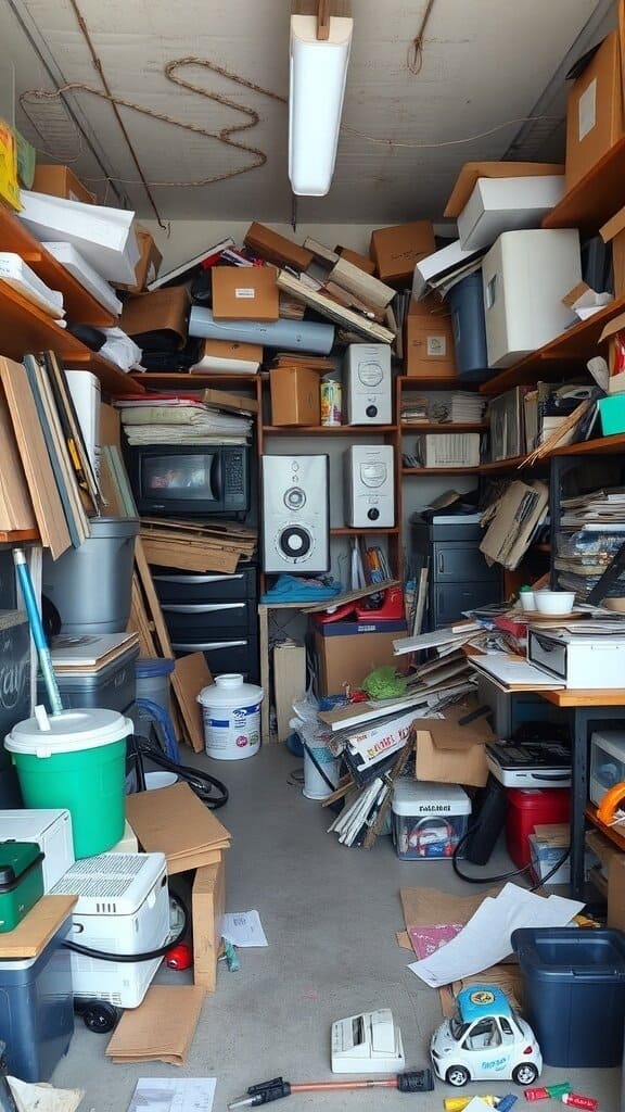 A cluttered storage room filled with boxes, papers, and various items stacked on shelves.