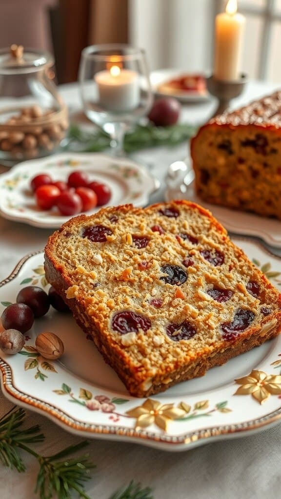 A slice of fruitcake with dried fruits and nuts on a decorative plate, surrounded by festive decorations.