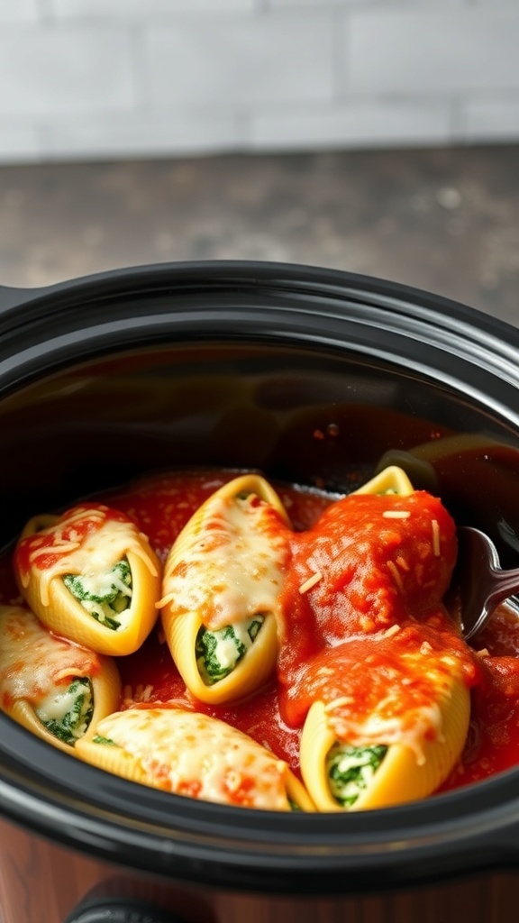 Crockpot filled with Spinach and Ricotta Stuffed Shells in marinara sauce