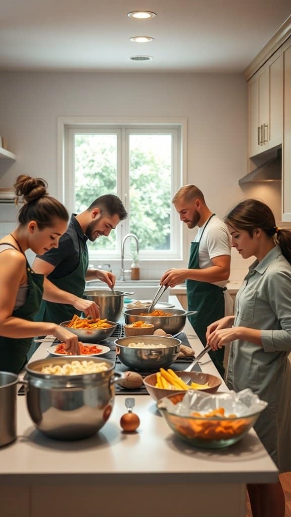 A group of people preparing food together in a bright kitchen, showcasing teamwork in meal preparation.