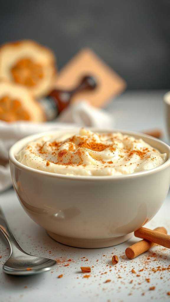 A bowl of creamy rice pudding topped with cinnamon, with a spoon beside it.