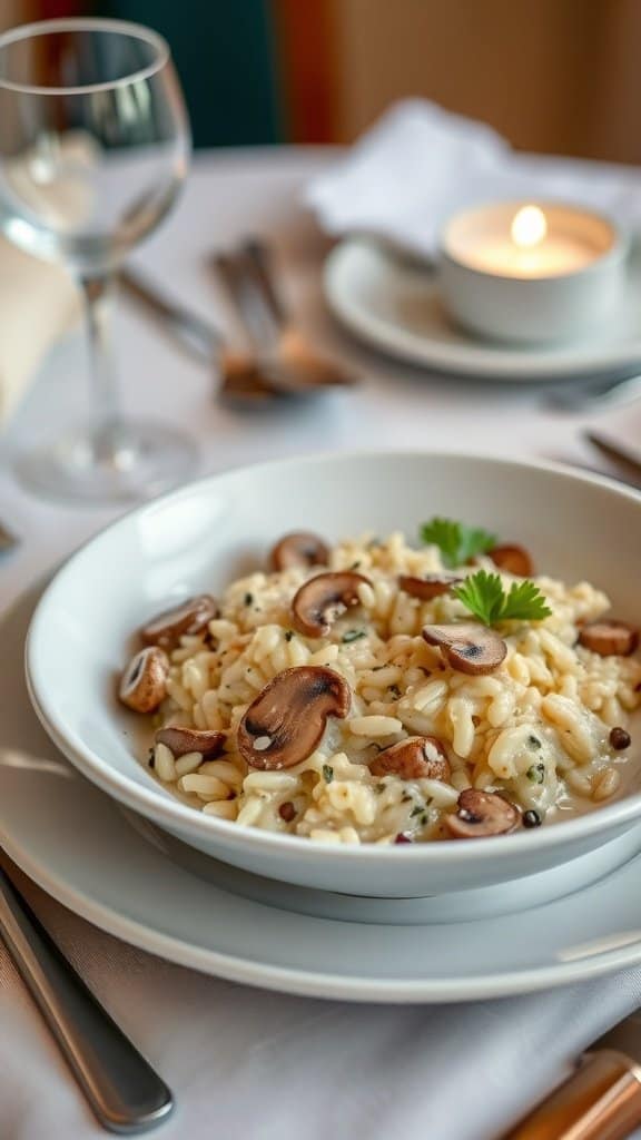 A bowl of creamy mushroom risotto garnished with mushrooms and herbs, set on a dining table.