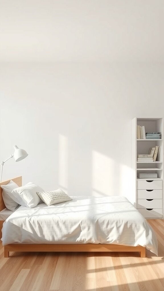 A clean and minimalistic bedroom with a bed and a shelf, promoting a peaceful atmosphere.