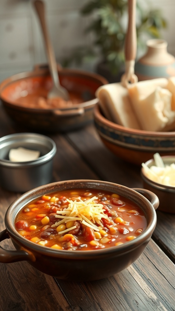 A bowl of chili with canned beans and corn, topped with cheese, on a wooden table.