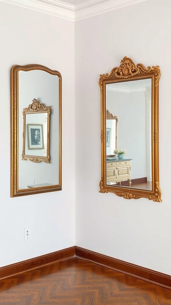 Two ornate mirrors on a wall, one reflecting a framed picture and the other showing a glimpse of furniture.