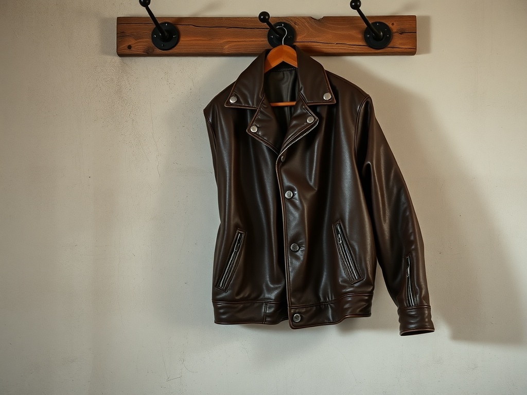 A classic brown leather jacket hanging on a wooden rack.