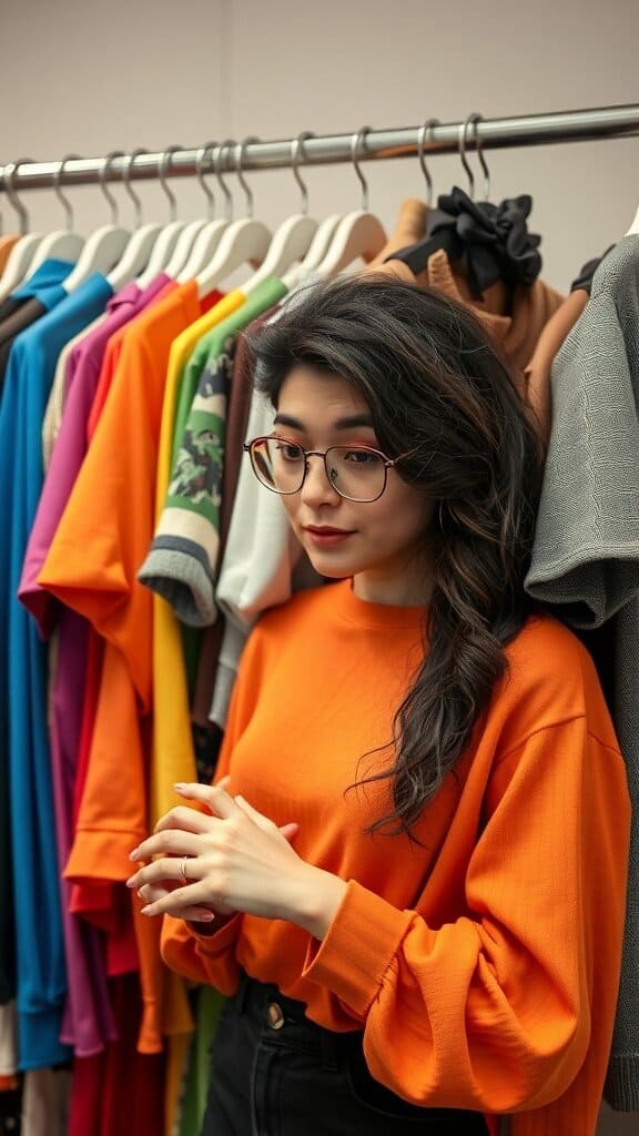 A woman in an orange sweater stands in front of a rack of colorful clothing.