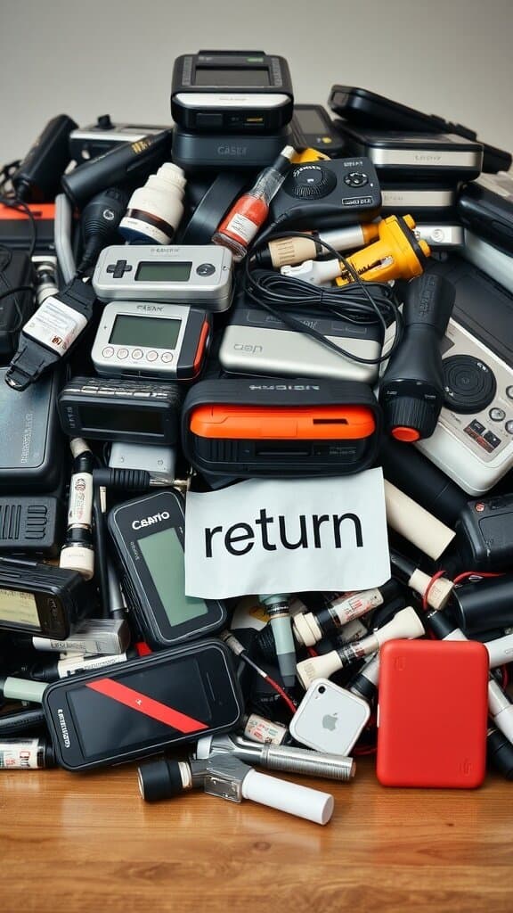 A chaotic pile of various gadgets and electronics with a 'return' sign