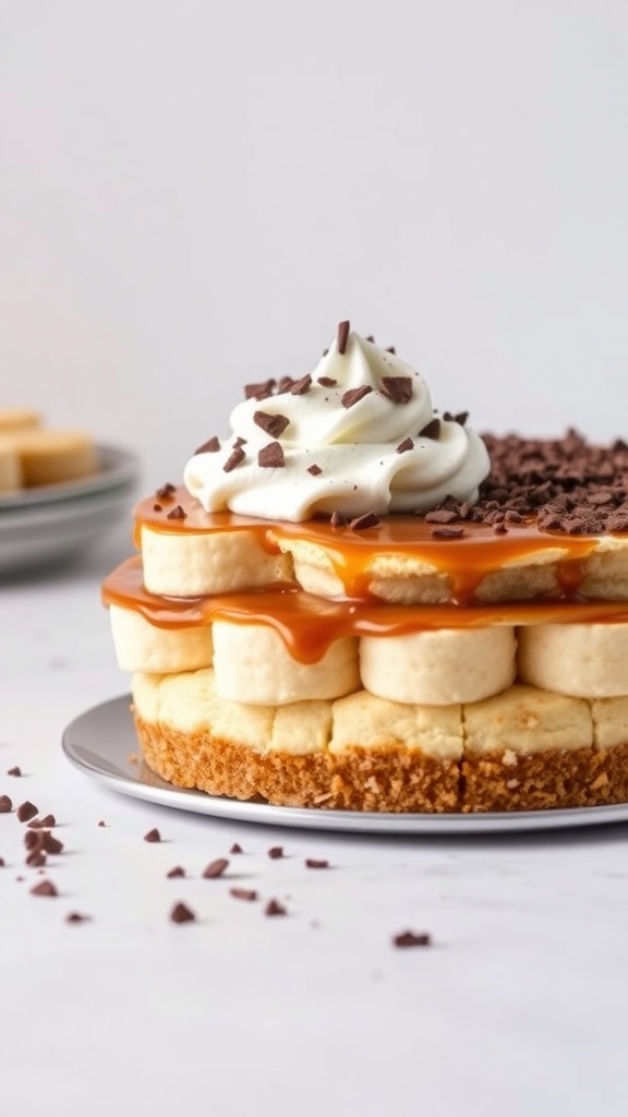 A delicious banoffee pie topped with whipped cream and chocolate shavings, showcasing layers of bananas and toffee.