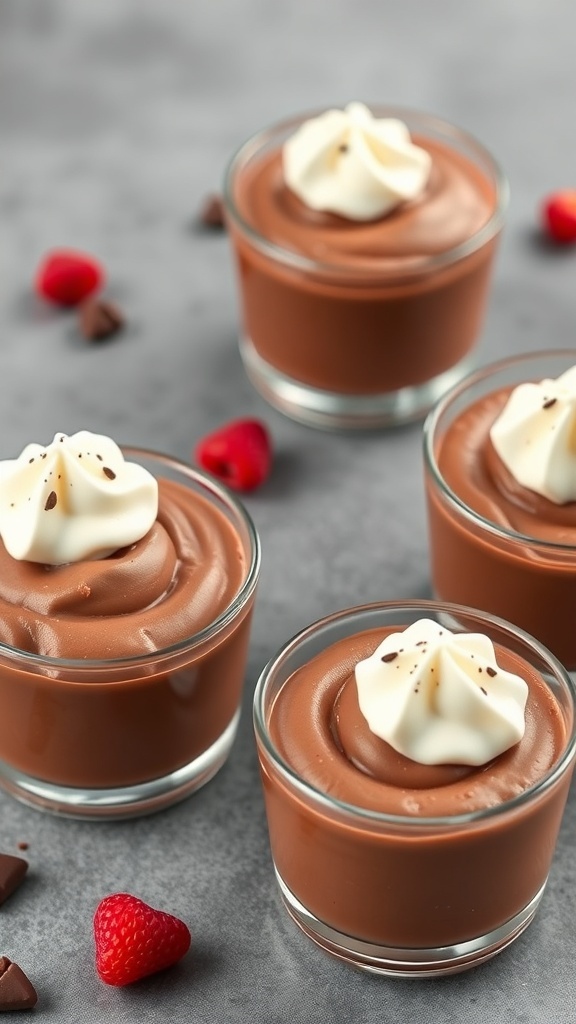 Bright chocolate mousse served in small cups, topped with whipped cream and berries.