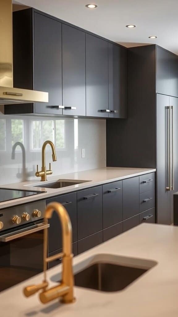 Modern kitchen featuring dark cabinetry with brass fixtures