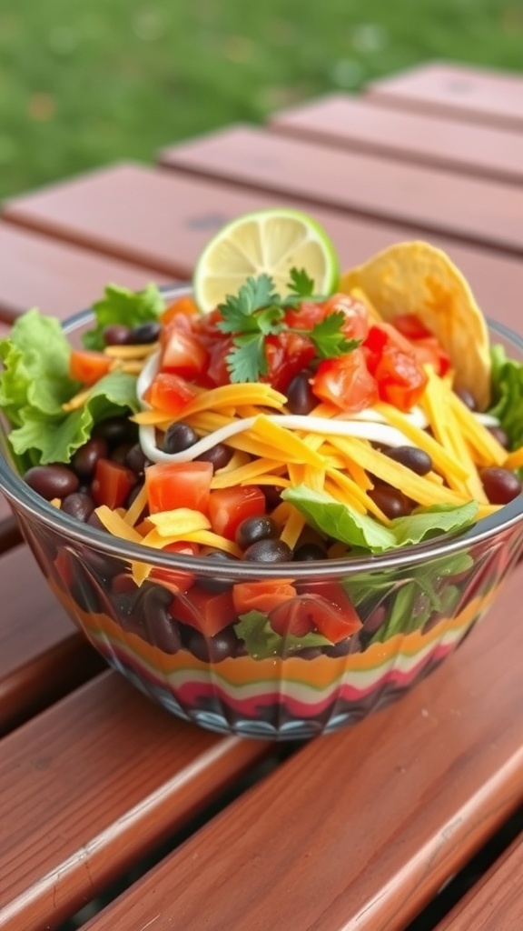 A colorful taco salad bowl with layers of lettuce, black beans, tomatoes, cheese, and topped with lime and cilantro.