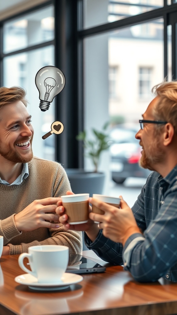 A man and woman sitting at a table in a cafe, engaged in conversation with coffee cups in front of them.